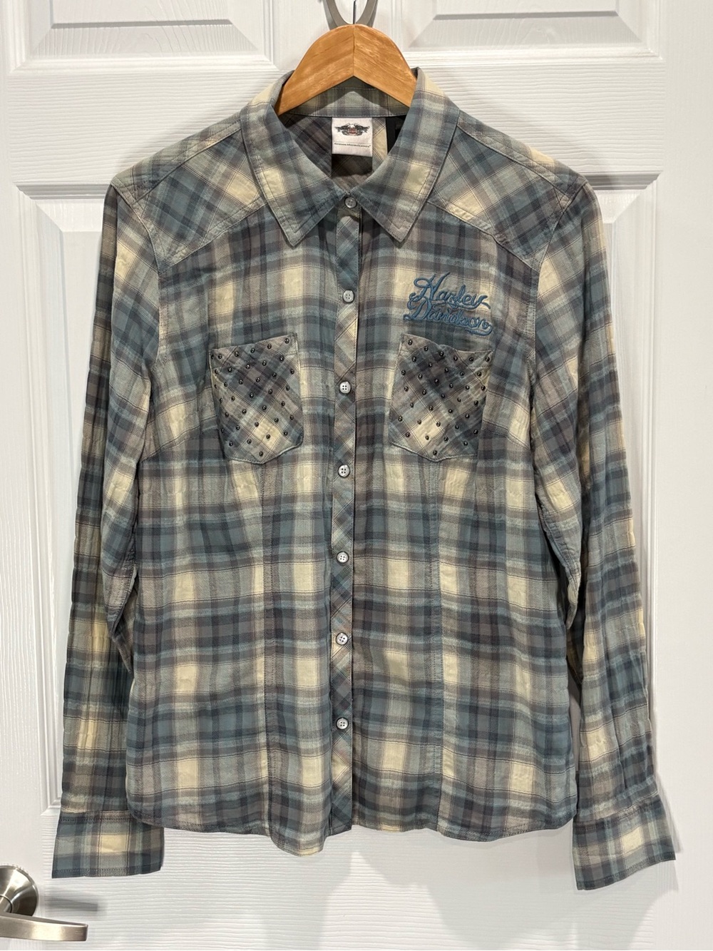 Harley-Davidson Studded Pocket Plaid Crinkle Button Up Shirt, Blue Grey, Size L